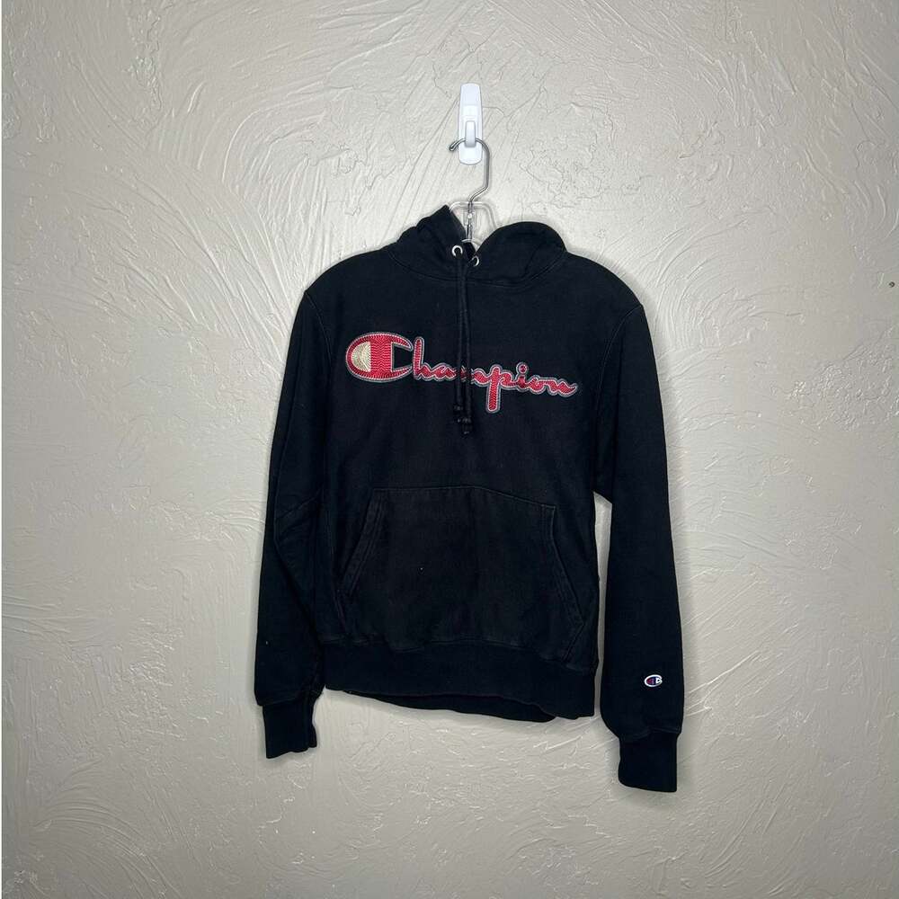 Champion Reverse Weave Black Script Logo Pullover Hoodie